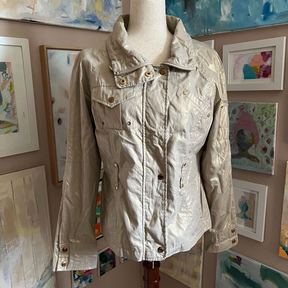 GUESS Metallic Champagne Utility Jacket y2k Glam McBling Cinched Sz M Edgy Chic